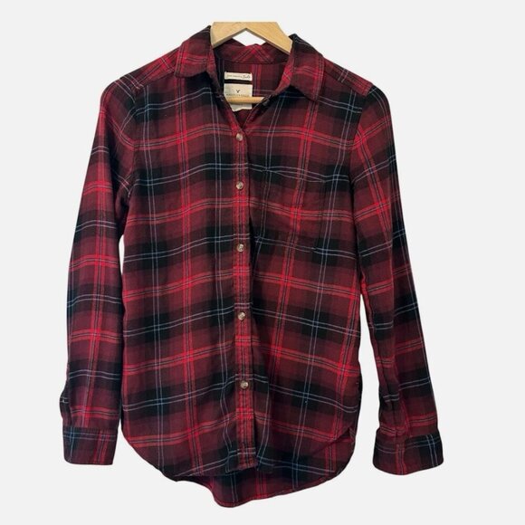 American Eagle Outfitters Tops - American Eagle Women's Small Red Plaid Long Sleeve Collared Soft Button Flannel